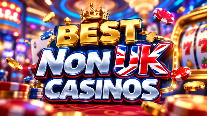 Best non UK casinos banner with crown, chips and slot reels